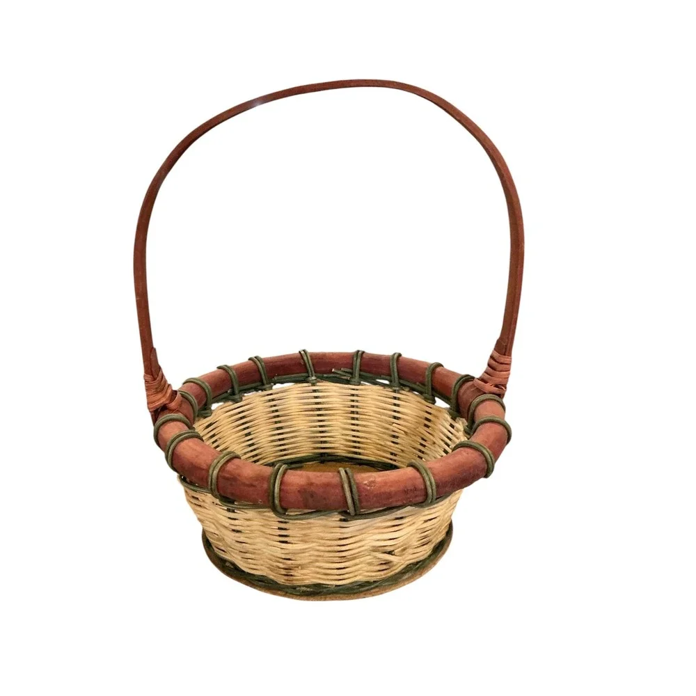 Vintage Woven Wicker Basket Round Wooden Base Red Green Natural 13x9x9